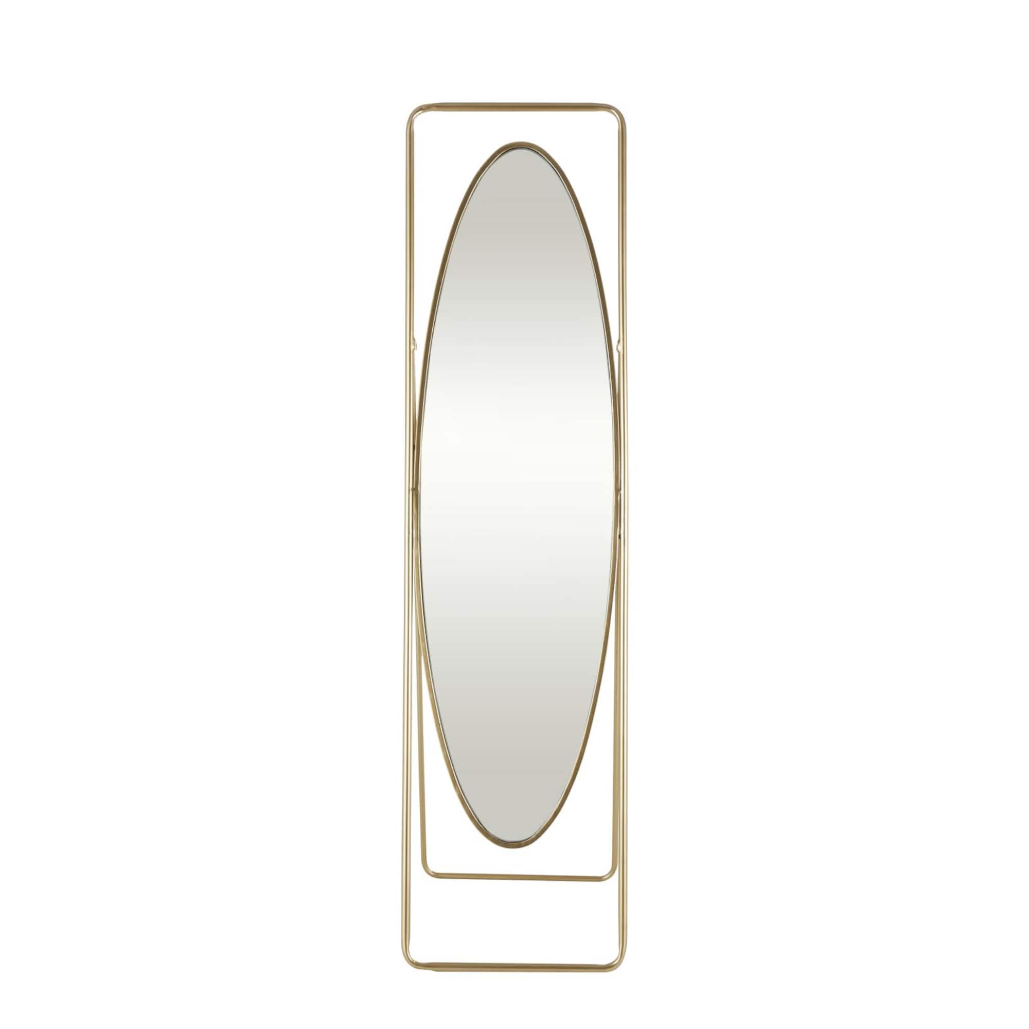 17" x 66" Gold Metal Geometric Oval Floor Mirror with Rectangular Frame & Stand